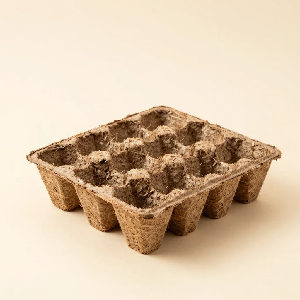 A coir seedling tray on a light background
