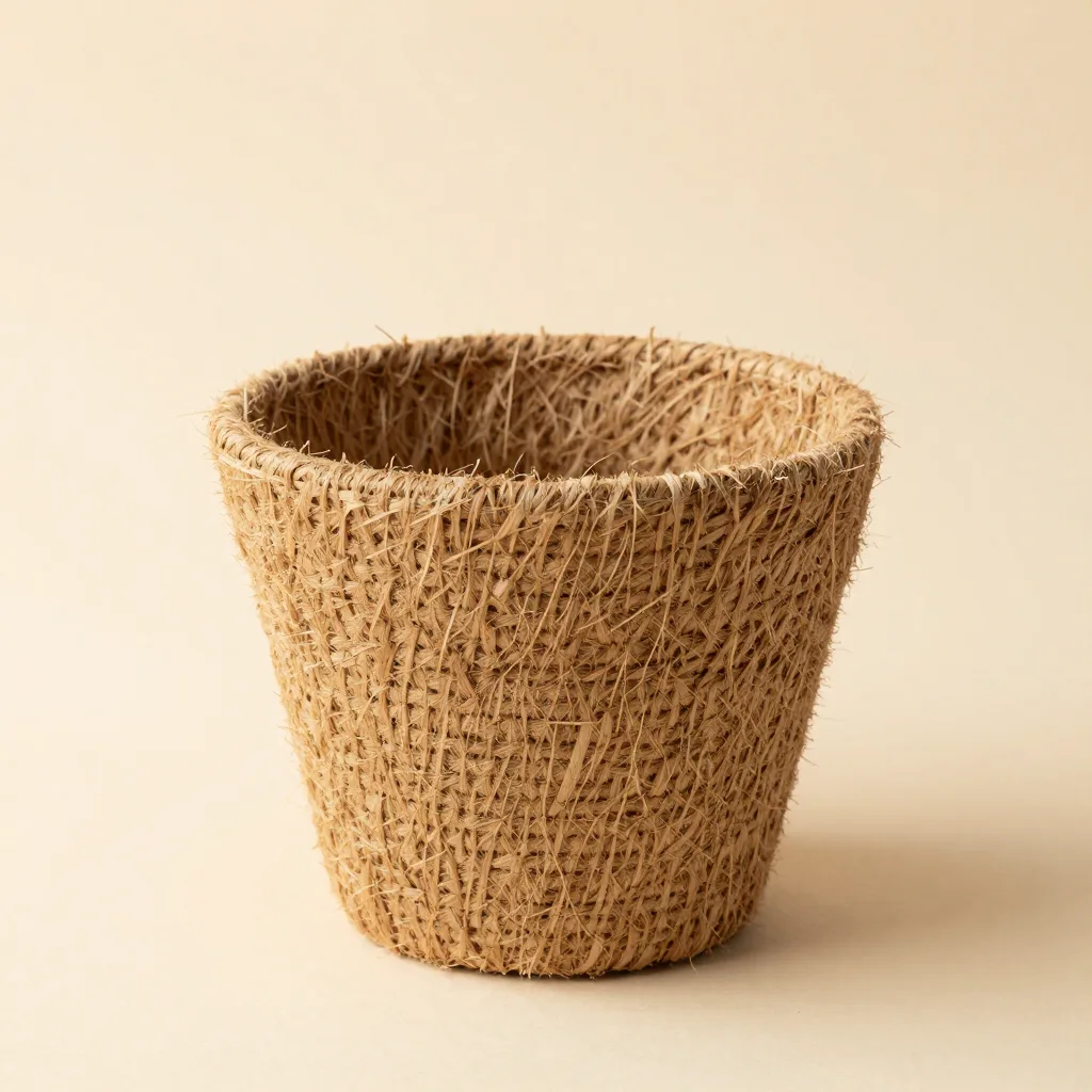 A flat coir pot on a light background