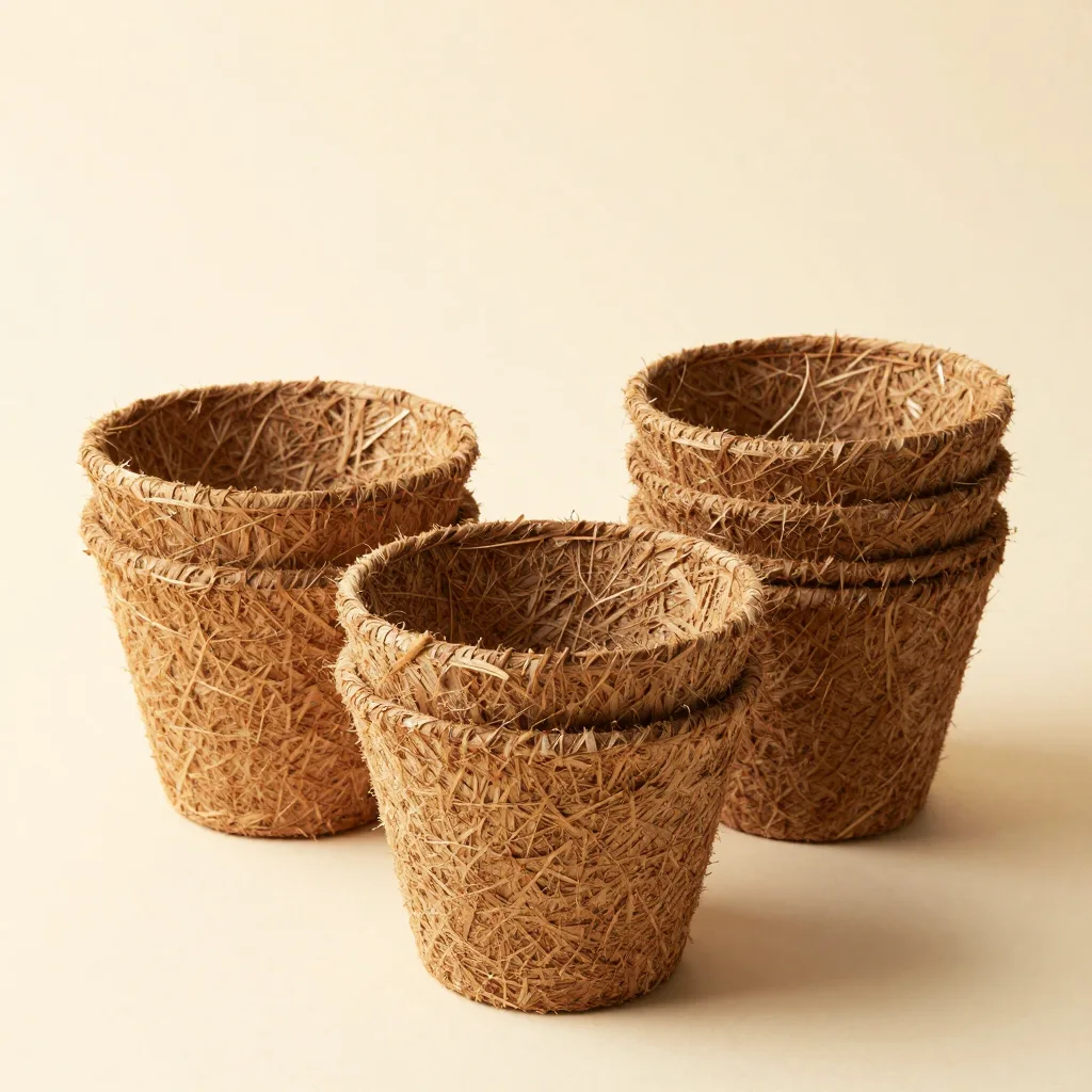 A set of coir pots on a light background