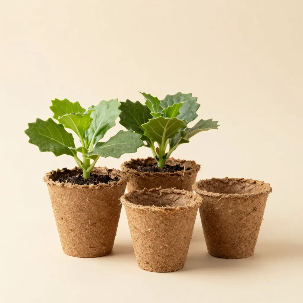 A garden starter kit with coir pots on a light background