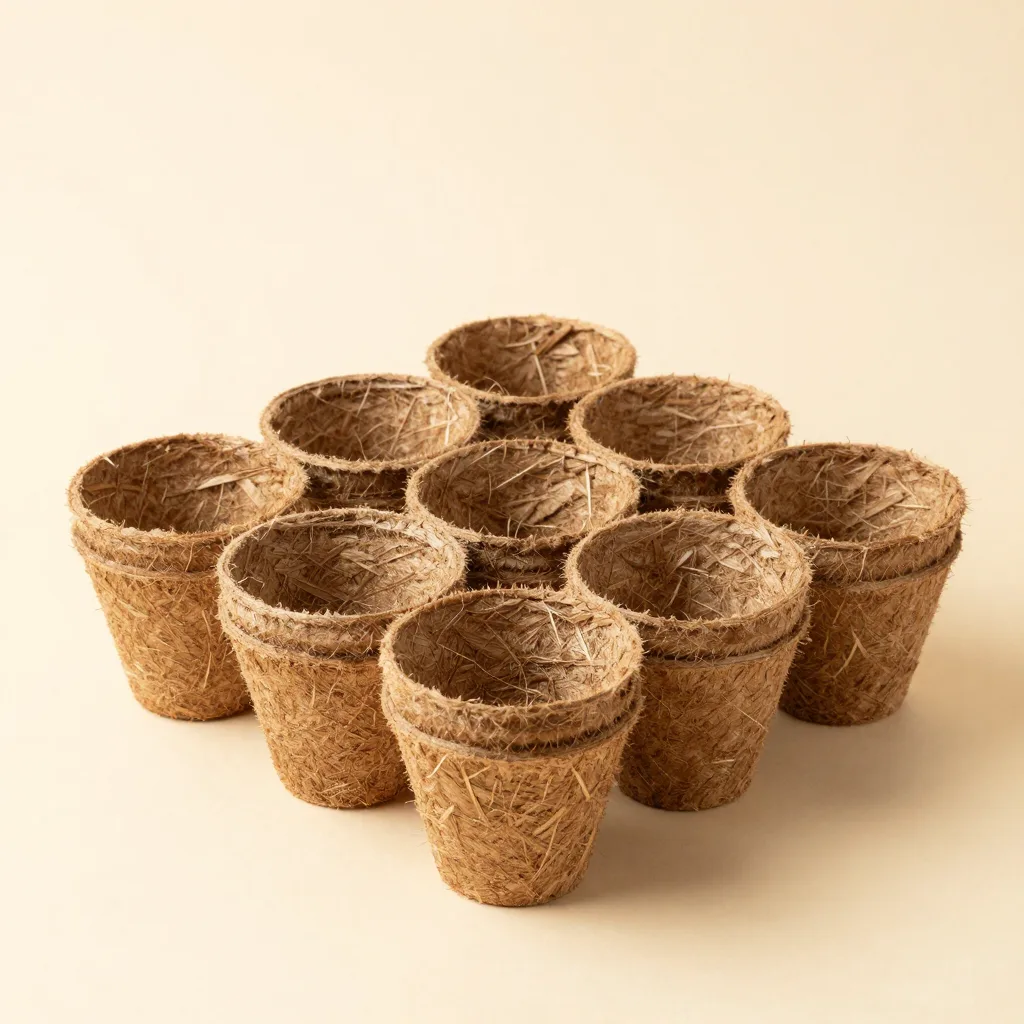 A pack of ten coir pots on a light background
