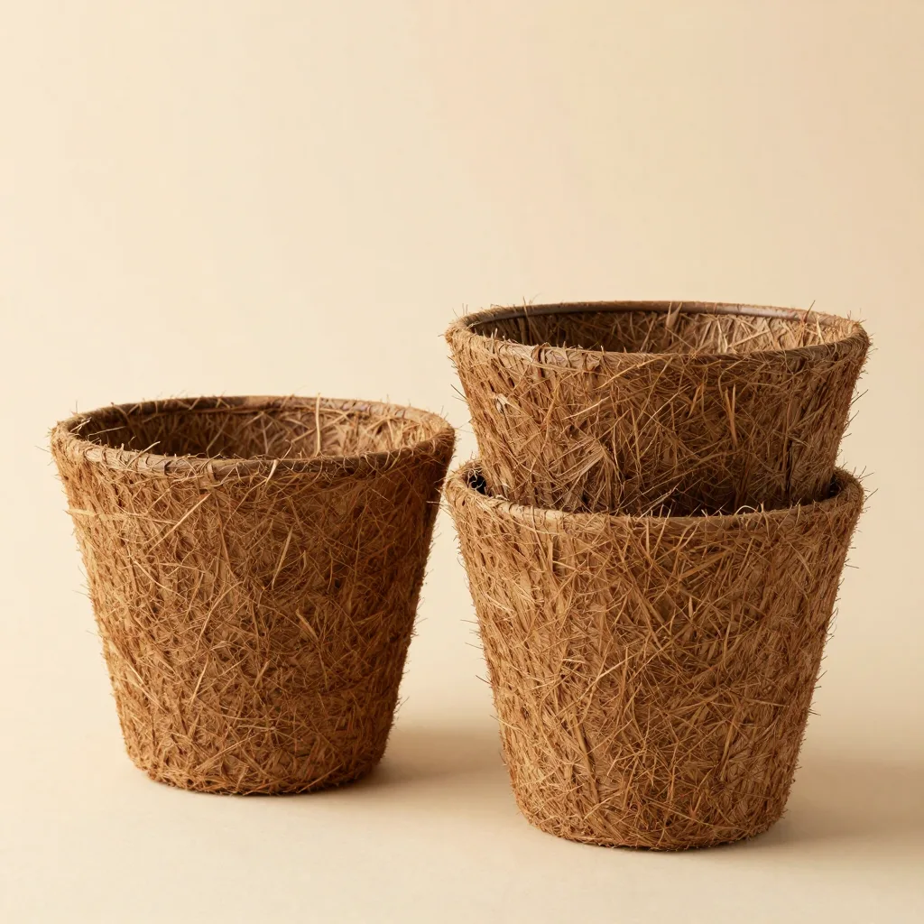 A set of large and deep coir pots on a light background